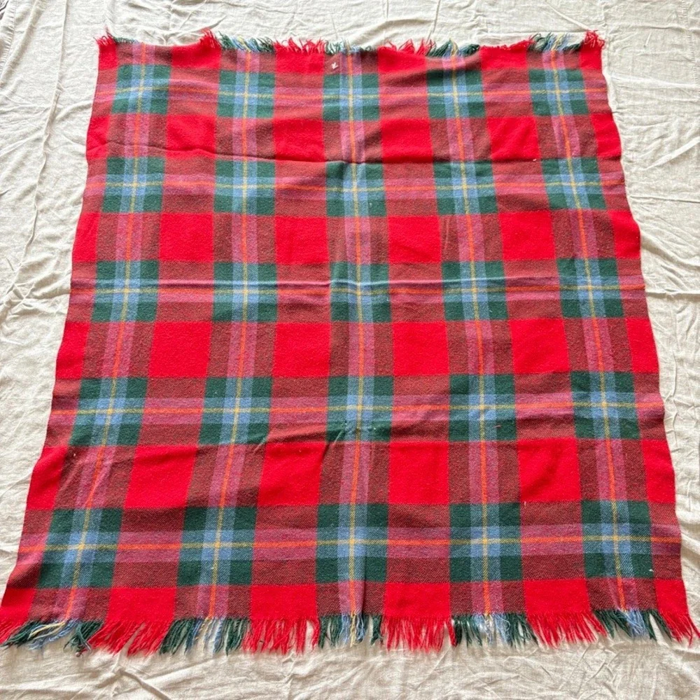 Vintage‎ Plaid Wool Blanket Throw Red Green Fringe Tartan Christmas Holiday